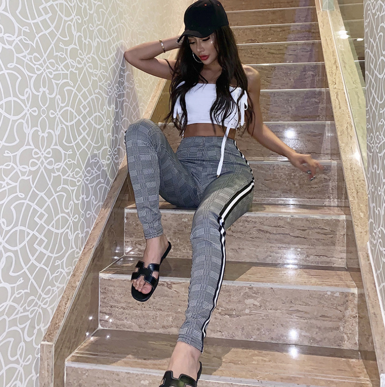 Houndstooth Ribbon high waist tight stretch pants