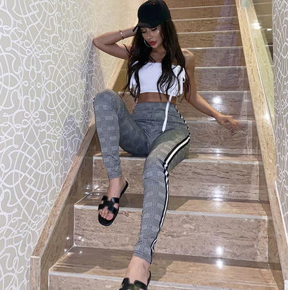 Houndstooth Ribbon high waist tight stretch pants