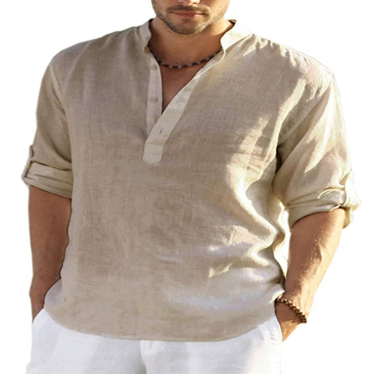 Men's Casual Cotton Linen Solid Color Long Sleeve