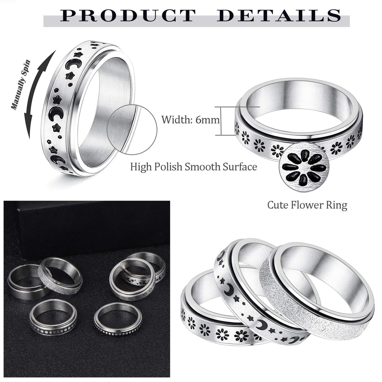 Stainless Steel Rotatable Spinner Ring Moon