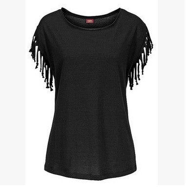 round neck short sleeve cuffs tassel T-shirt cotton tops