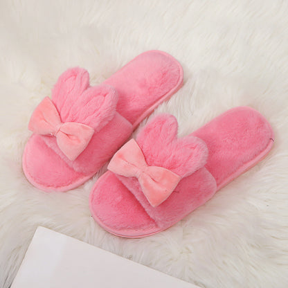 Home Furry Slippers Female Bow Rabbit Ears