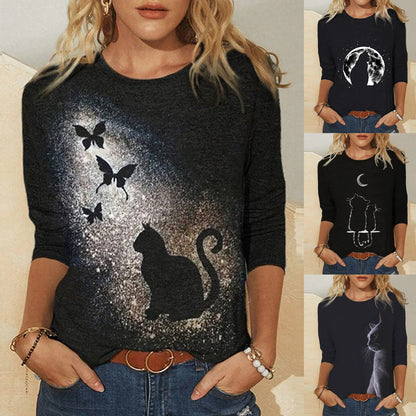 Knitted Long Sleeve Printed Round Neck Women's T-Shirt