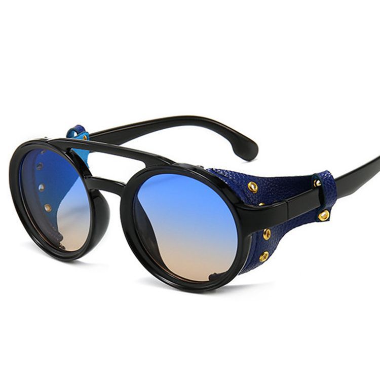 Retro Round Frame Sunglasses Personality Leather Case Sunglasses