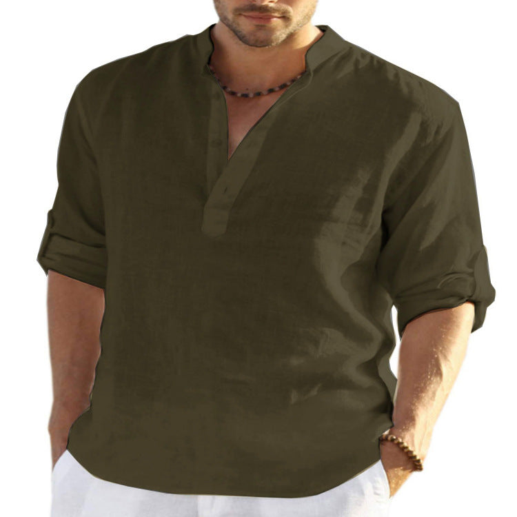Men's Casual Cotton Linen Solid Color Long Sleeve