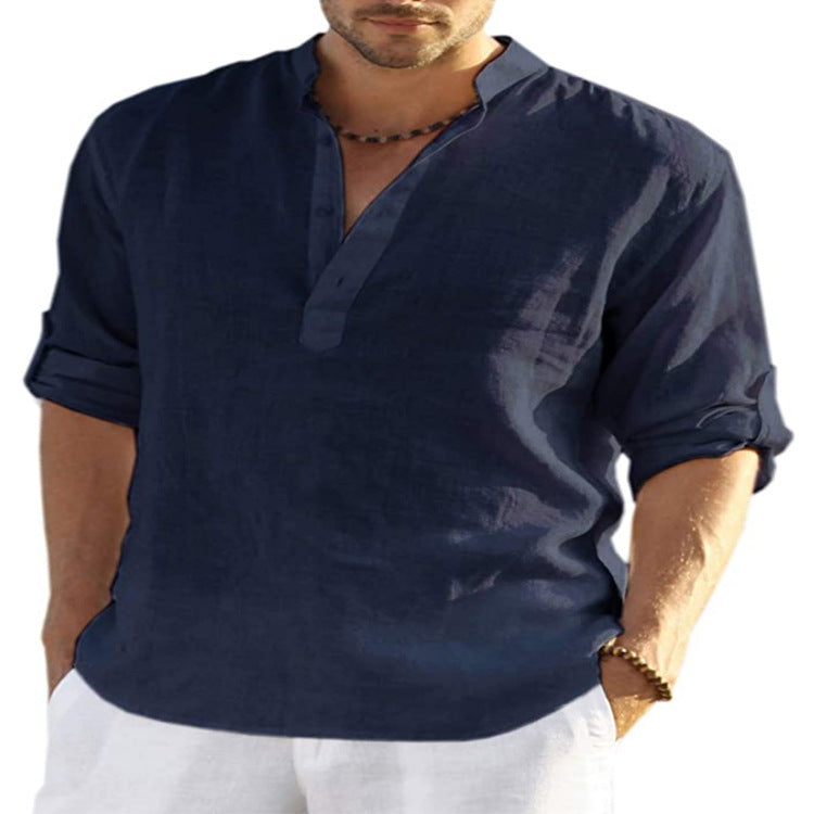 Men's Casual Cotton Linen Solid Color Long Sleeve