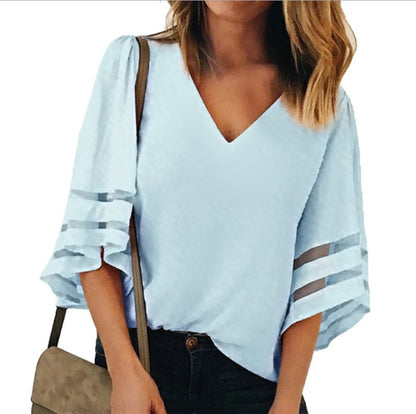 Mesh Stitching V-neck Chiffon Shirt
