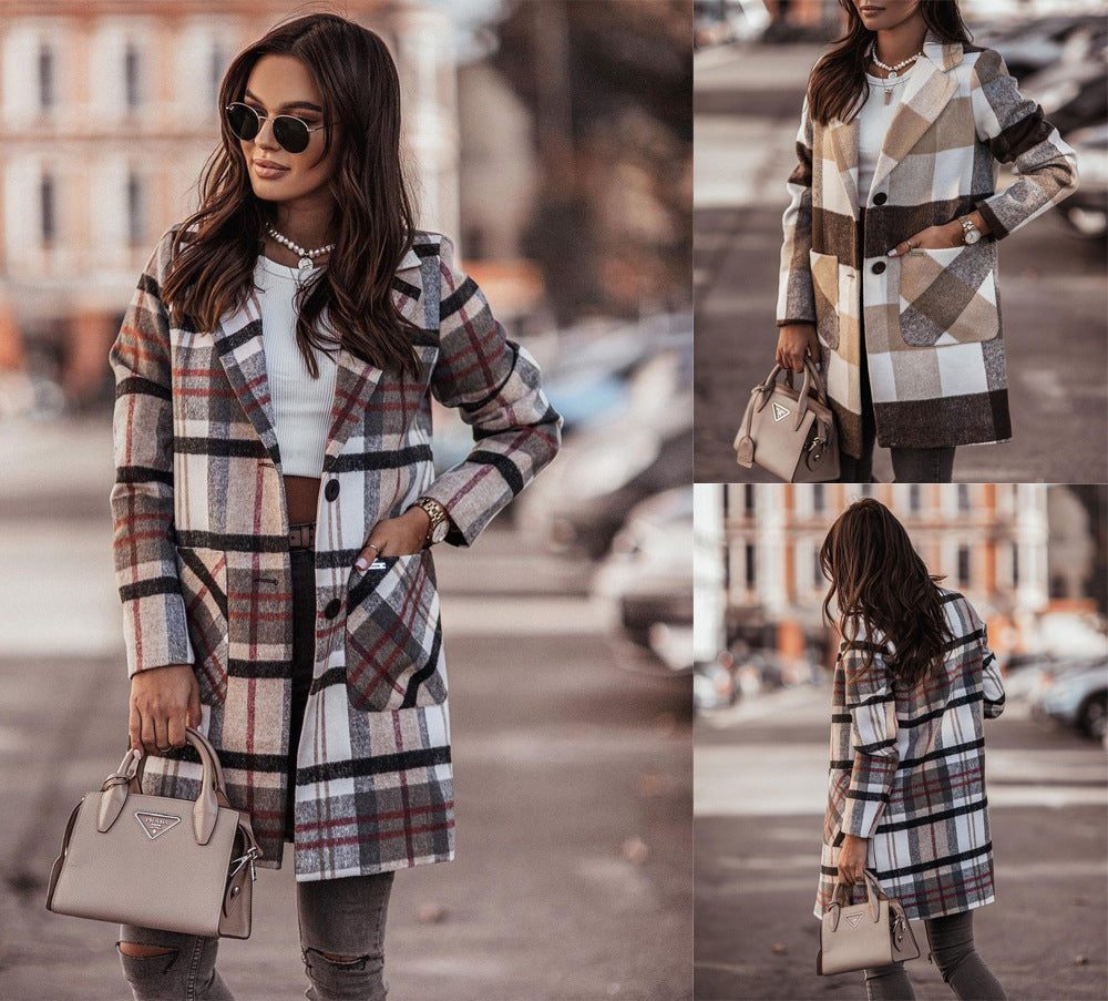 Long-sleeved Button Printed Woolen Coat