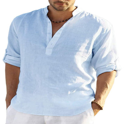 Men's Casual Cotton Linen Solid Color Long Sleeve