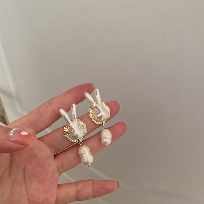 925 Silver Needle Cute Pearl Bunny