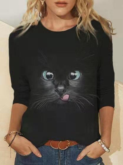 Knitted Long Sleeve Printed Round Neck Women's T-Shirt