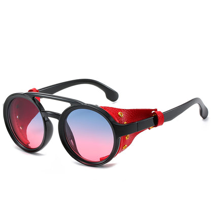 Retro Round Frame Sunglasses Personality Leather Case Sunglasses