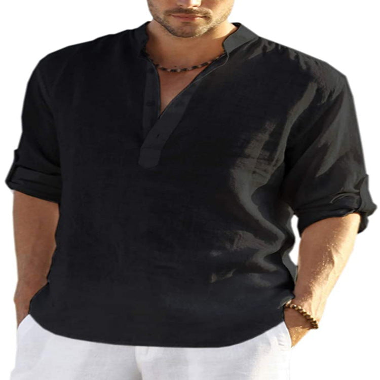 Men's Casual Cotton Linen Solid Color Long Sleeve