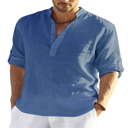 Men's Casual Cotton Linen Solid Color Long Sleeve