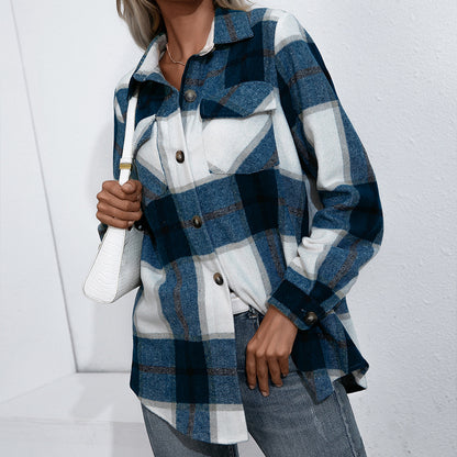 Thick Cashmere Plaid Top Loose Casual Shirt Jacket