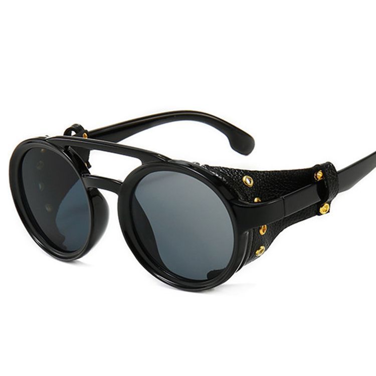 Retro Round Frame Sunglasses Personality Leather Case Sunglasses