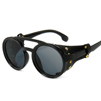 Retro Round Frame Sunglasses Personality Leather Case Sunglasses