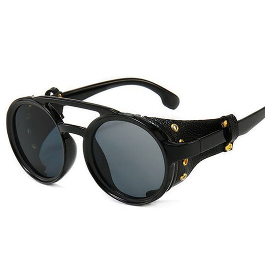 Retro Round Frame Sunglasses Personality Leather Case Sunglasses