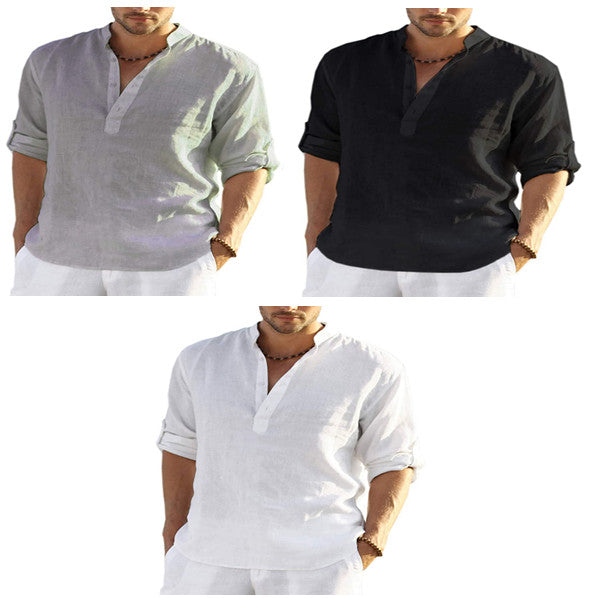 Men's Casual Cotton Linen Solid Color Long Sleeve