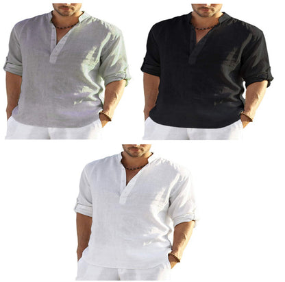 Men's Casual Cotton Linen Solid Color Long Sleeve
